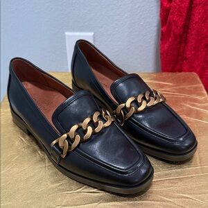 Vionic Black Loafers with Bronze Chain Detail